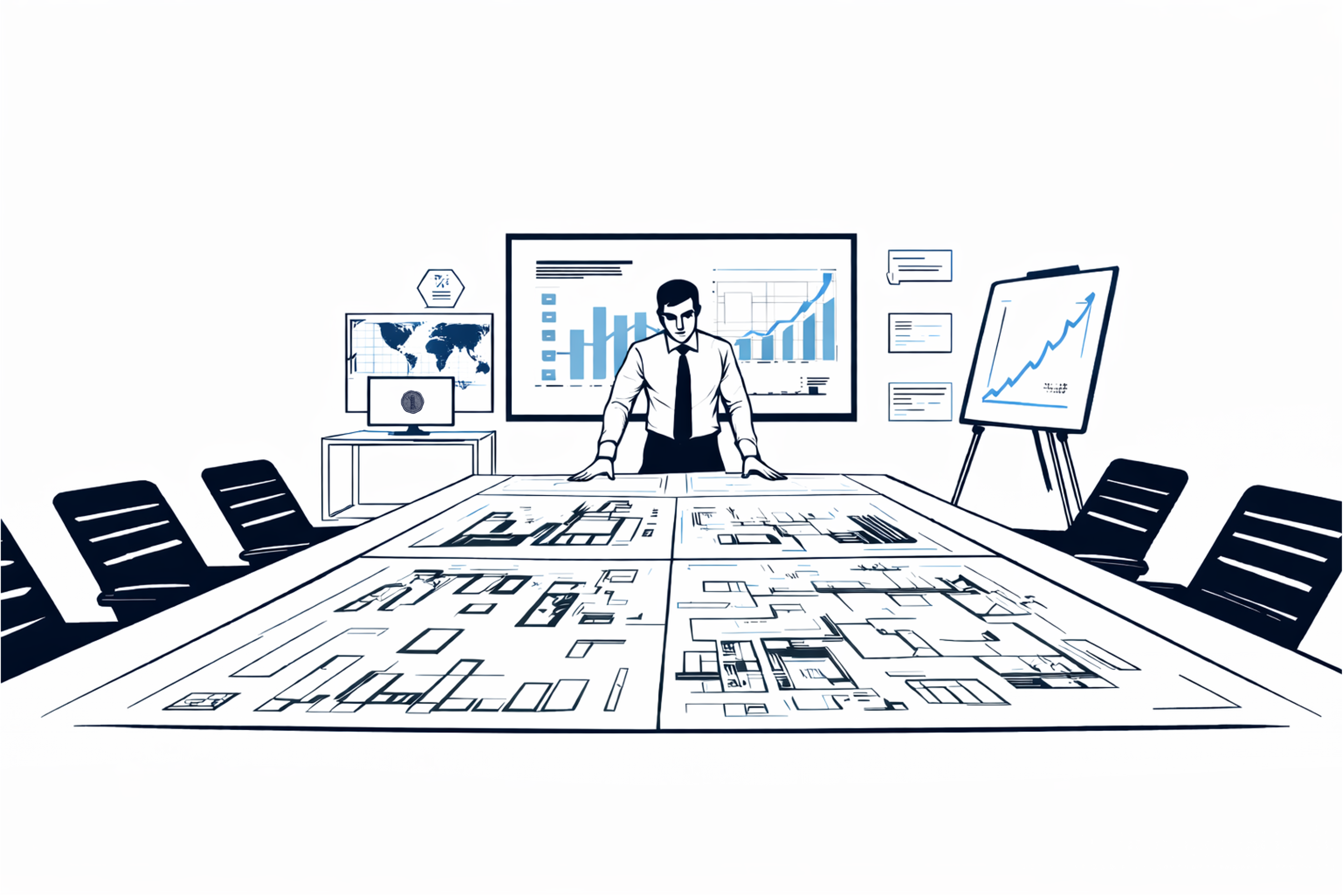 Enterprise architect reviewing system blueprints while performance charts illustrate the balance between strategy, execution, and measurable outcomes.