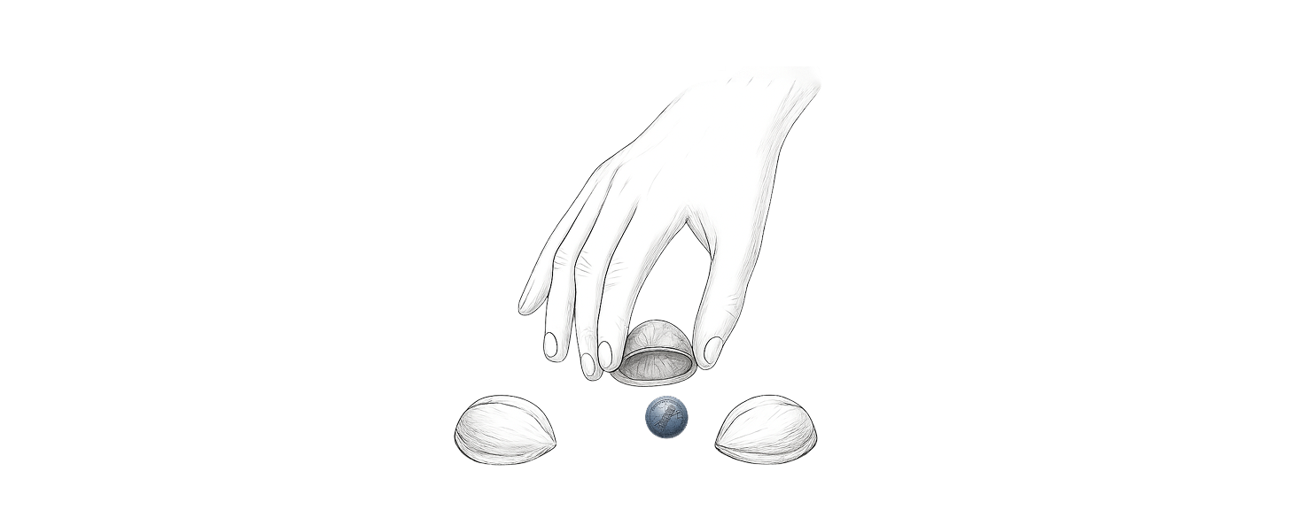 Hand revealing a small blue sphere beneath shell game cups, symbolizing hidden AI decision-making and uncertainty in enterprise systems.