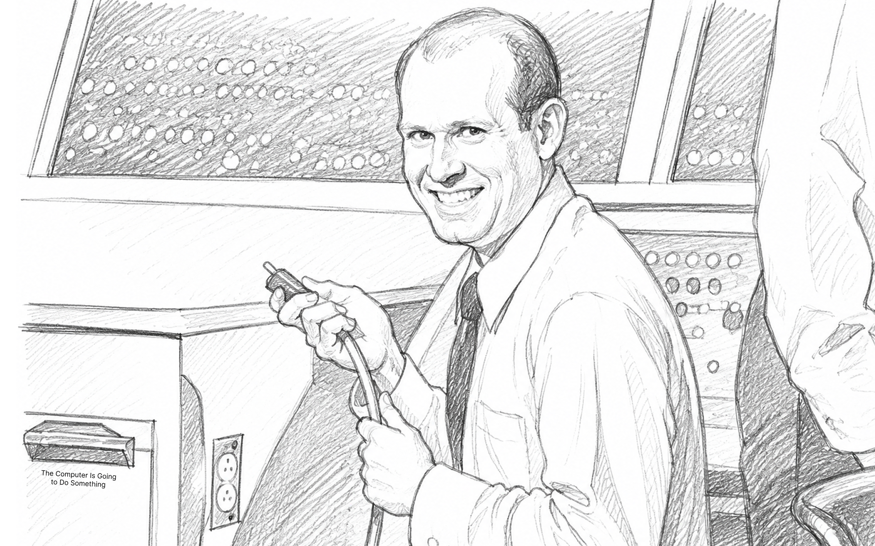 Sketch illustration inspired by the movie Airplane! showing a man smiling while plugging a power cord into a computer system, symbolizing the misconception that disaster recovery is simply a matter of restoring power.
